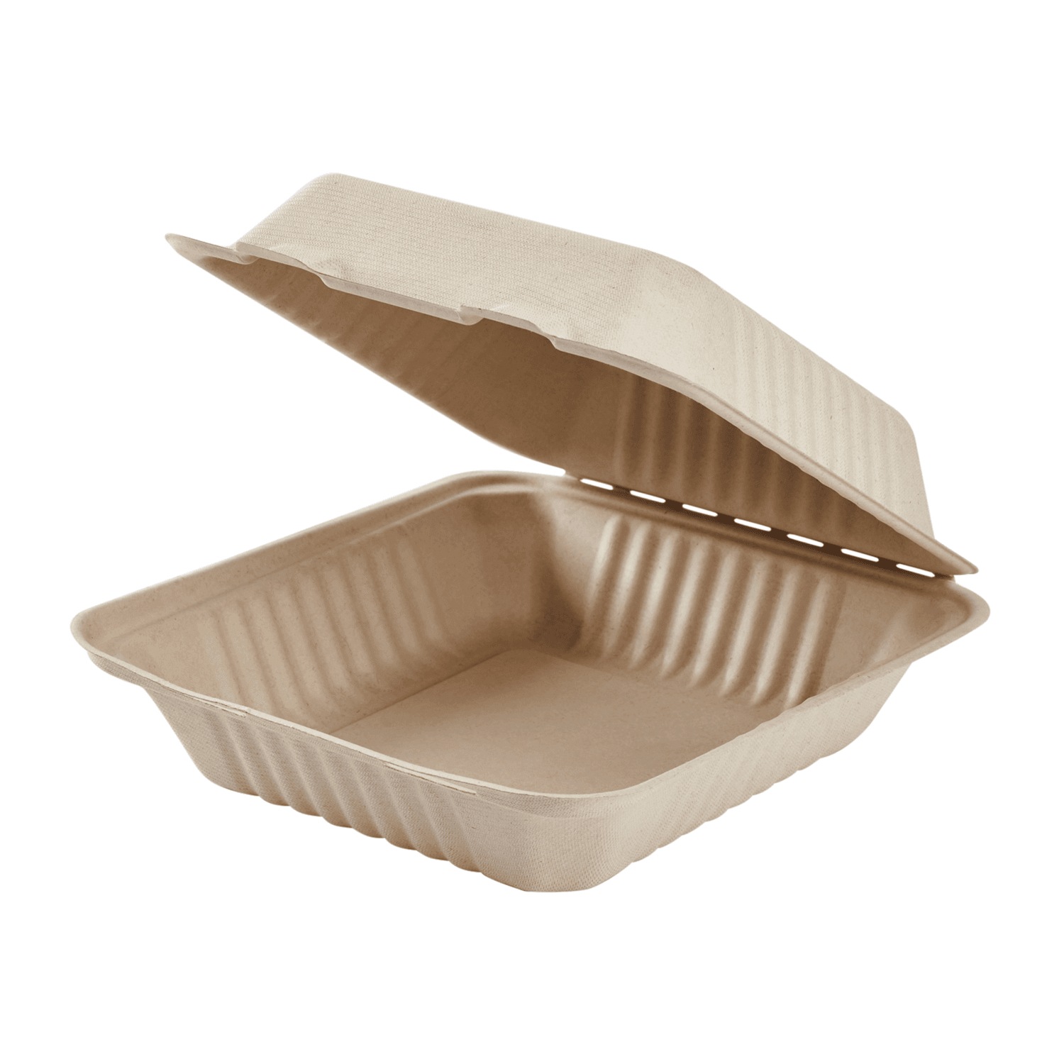 Karat Earth 8''x8'' PFAS Free Compostable Bagasse Hinged Containers, Natural - 200 pcs