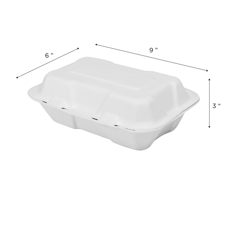Karat Earth 9''x6'' PFAS Free Compostable Bagasse Hinged Containers, White - 200 pcs