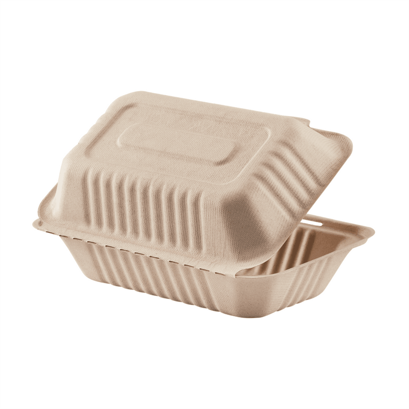 Karat Earth 9''x6'' PFAS Free Compostable Bagasse Hinged Containers, Natural - 200 pcs