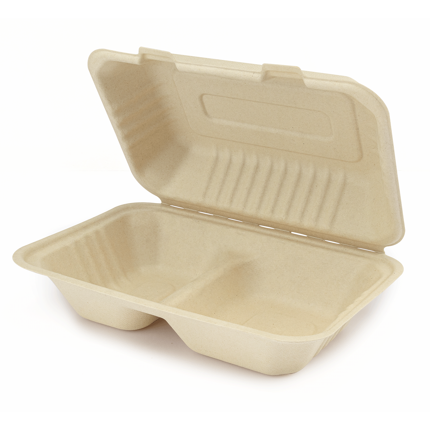 Karat Earth 9'' x 6'' PFAS Free Bagasse Hinged Container, 2-Compartment, Kraft - 200 pcs