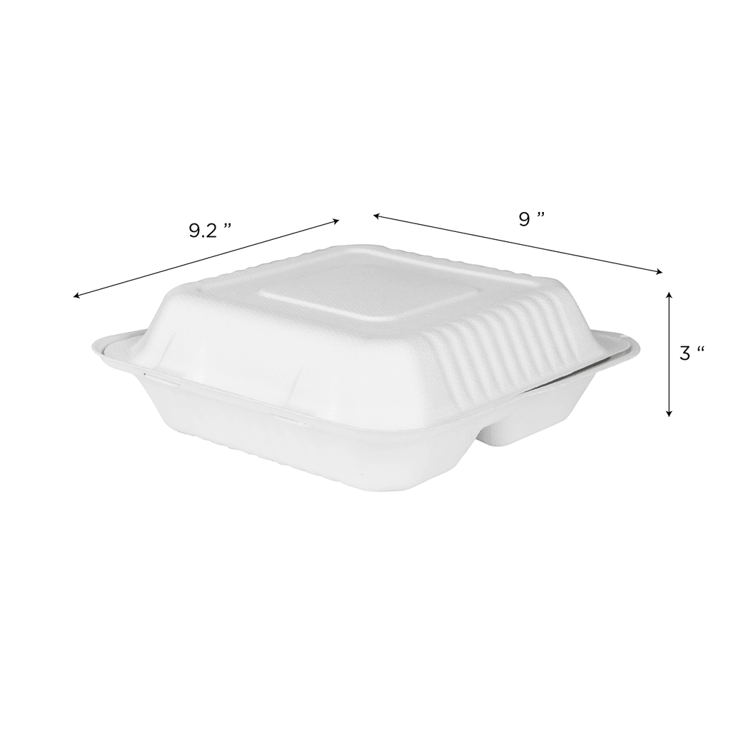 9” x 9” PFAS Free Bagasse Compostable Hinge Togo Container, White