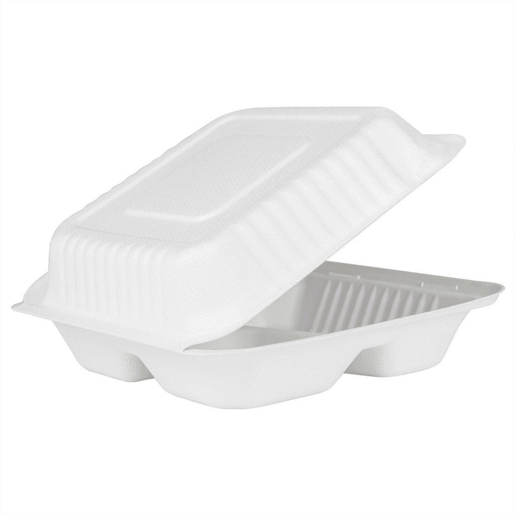 9x9x3 ECO BIODEGRADABLE COMPOSTABLE BAGASSE THREE COMPARTMENT HINGED C — P  Plus Packaging