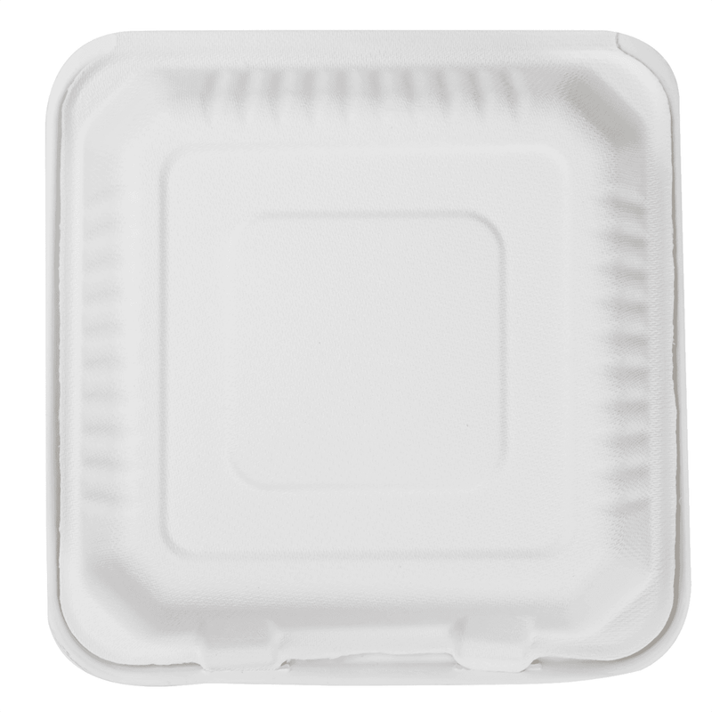 9x9x3 ECO BIODEGRADABLE COMPOSTABLE BAGASSE THREE COMPARTMENT HINGED C — P  Plus Packaging