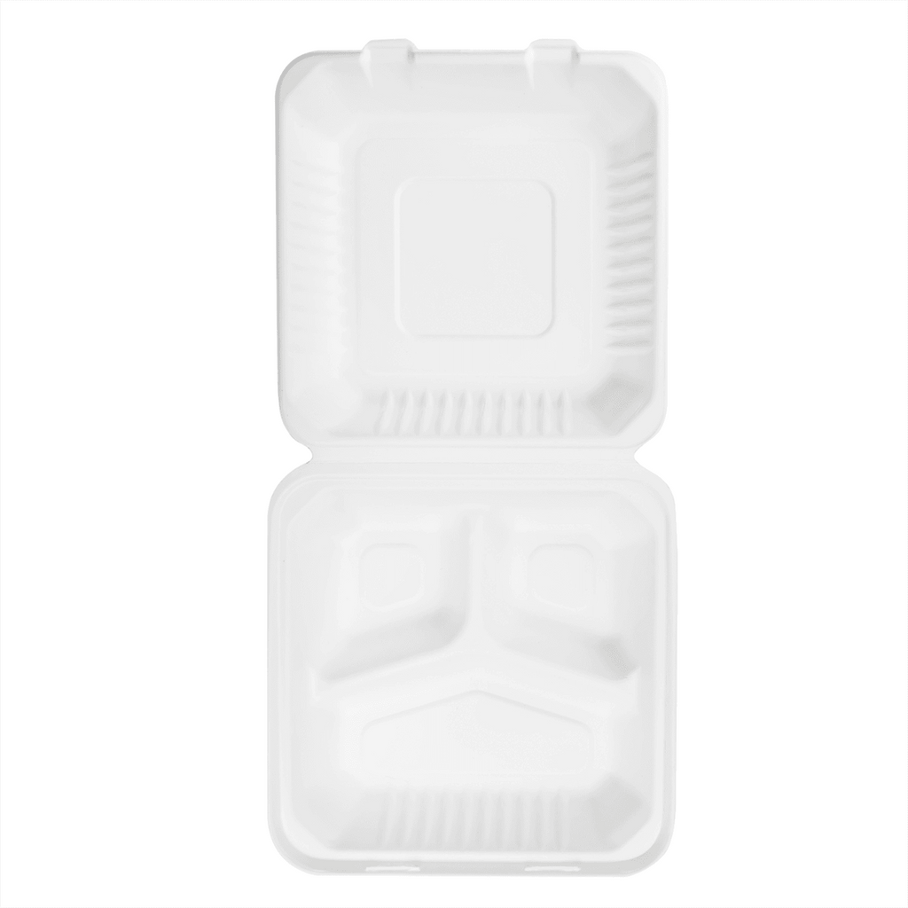 9” x 9” PFAS Free Bagasse Compostable Hinge Togo Container, White
