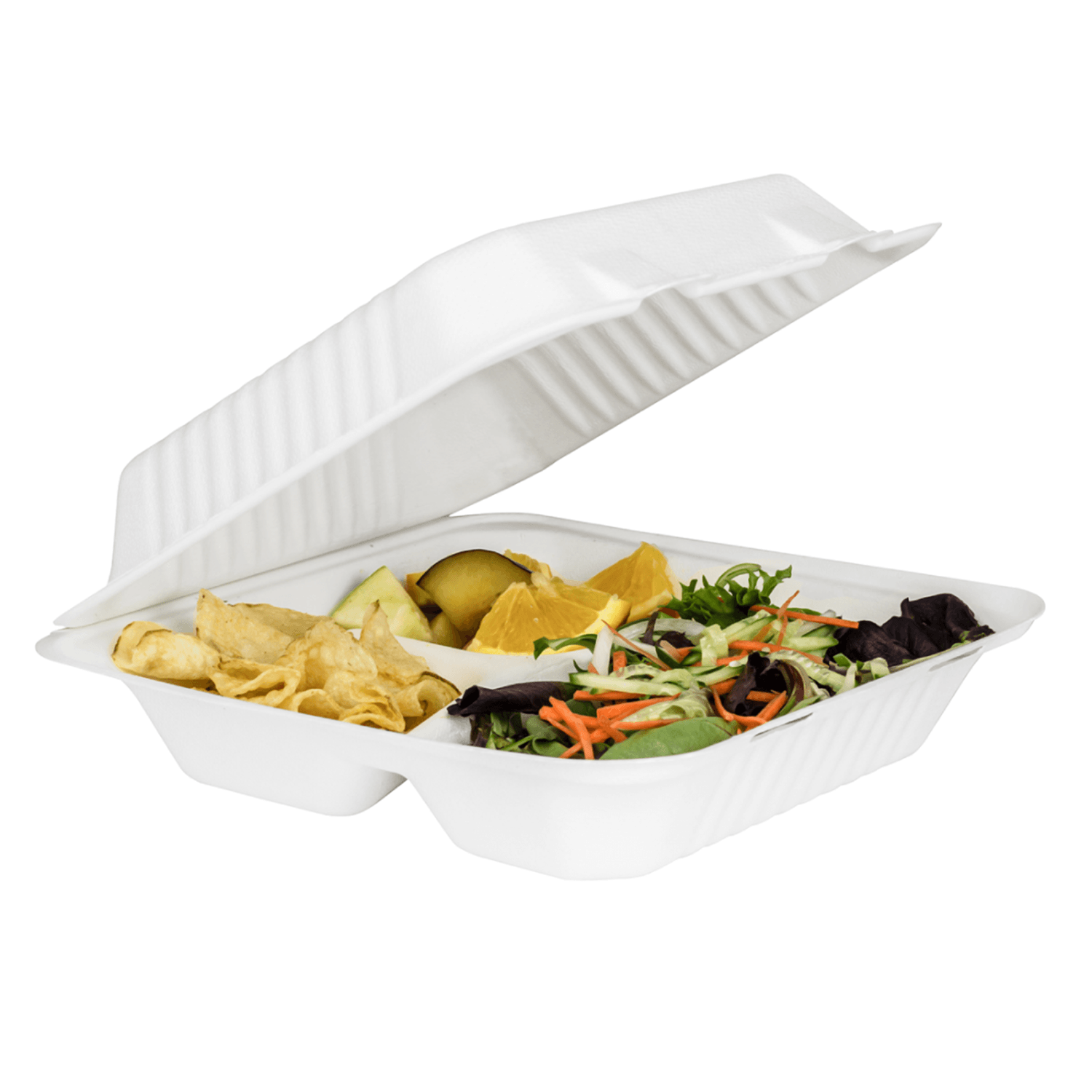 Karat Earth 9"x9" PFAS Free Compostable Bagasse Hinged Container, White, 3 Compartments - 200 pcs