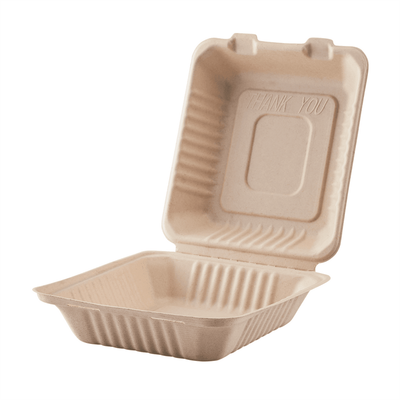 Karat Earth 9'' x 9'' PFAS Free Compostable Bagasse Hinged Containers, Natural - 200 pcs