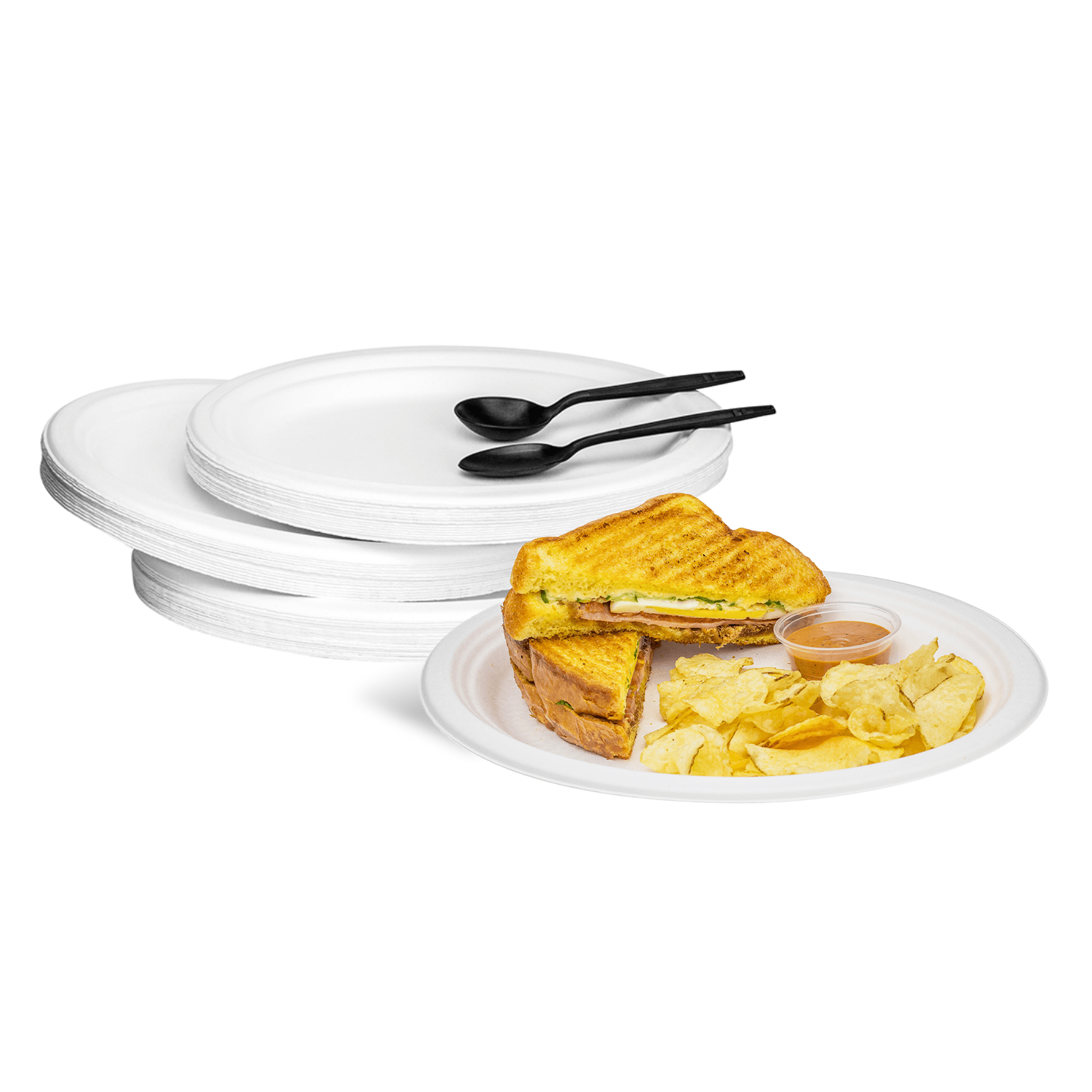 White Karat Earth 10''x8'' PFAS Free Compostable Bagasse Oval Plates with sandwich and chips