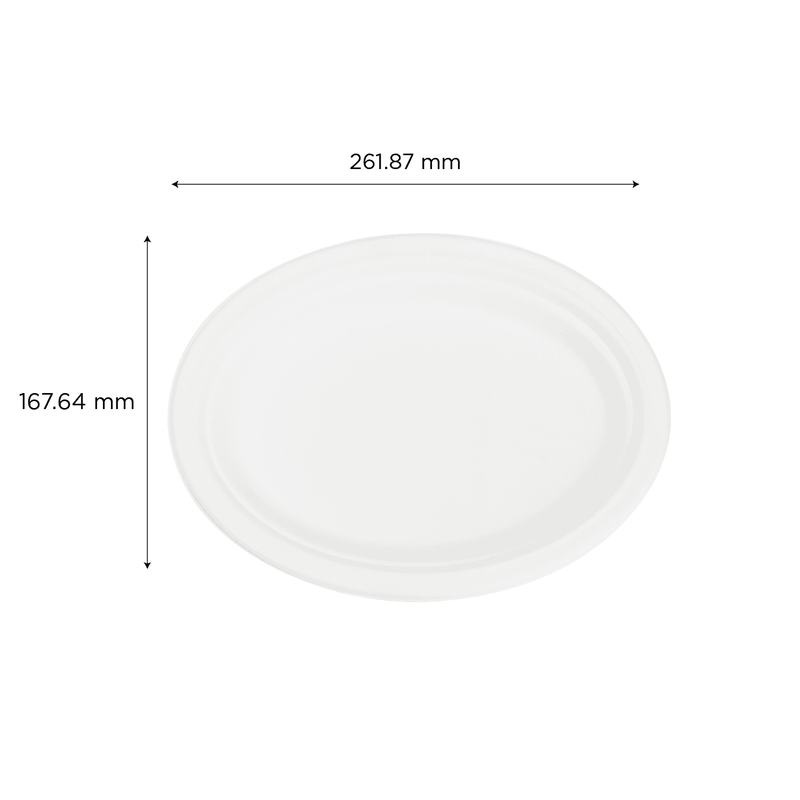 White Karat Earth 10''x8'' PFAS Free Compostable Bagasse Oval Plates and dimensions
