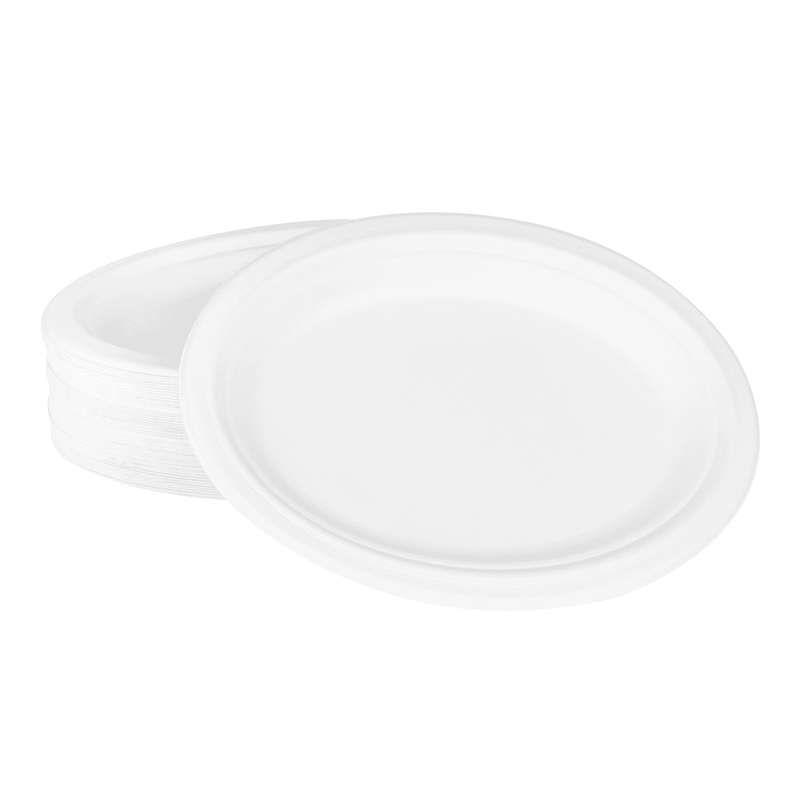 White Karat Earth 10''x8'' PFAS Free Compostable Bagasse Oval Plates stacked