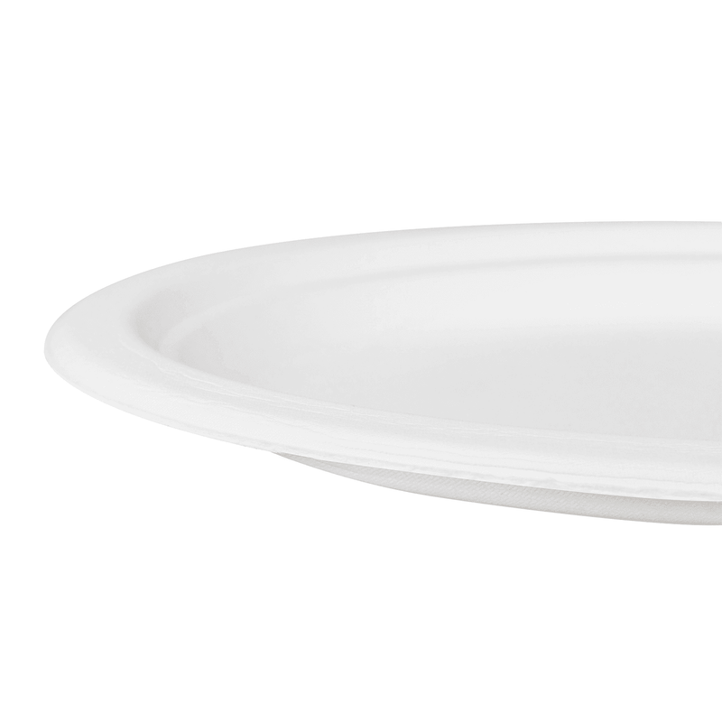 White Karat Earth 10''x8'' PFAS Free Compostable Bagasse Oval Plates side view close up