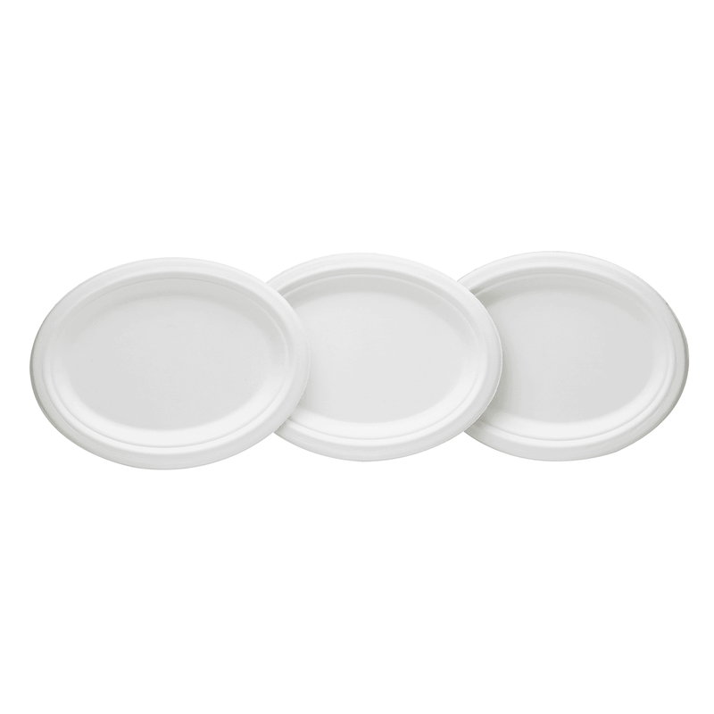 White Karat Earth 10''x8'' PFAS Free Compostable Bagasse Oval Plates side by side