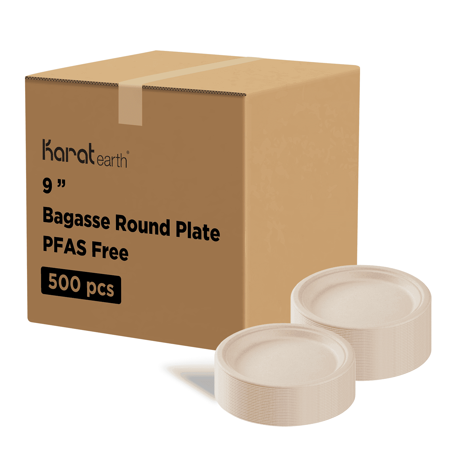 Karat Earth 9'' PFAS Free Compostable Bagasse Round Plates, Natural - 500 pcs