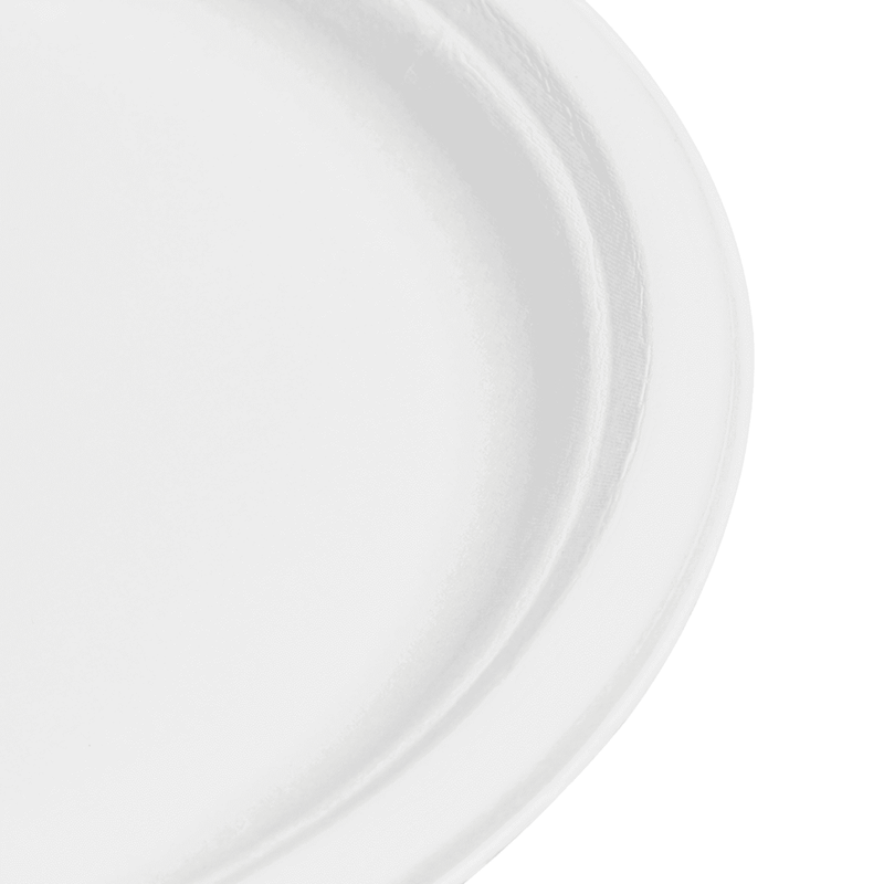 White Karat Earth 10'' PFAS Free Compostable Bagasse Round Plates close up