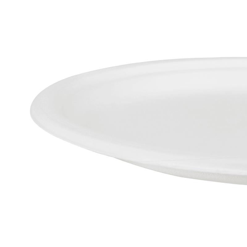 White Karat Earth 10'' PFAS Free Compostable Bagasse Round Plates close up