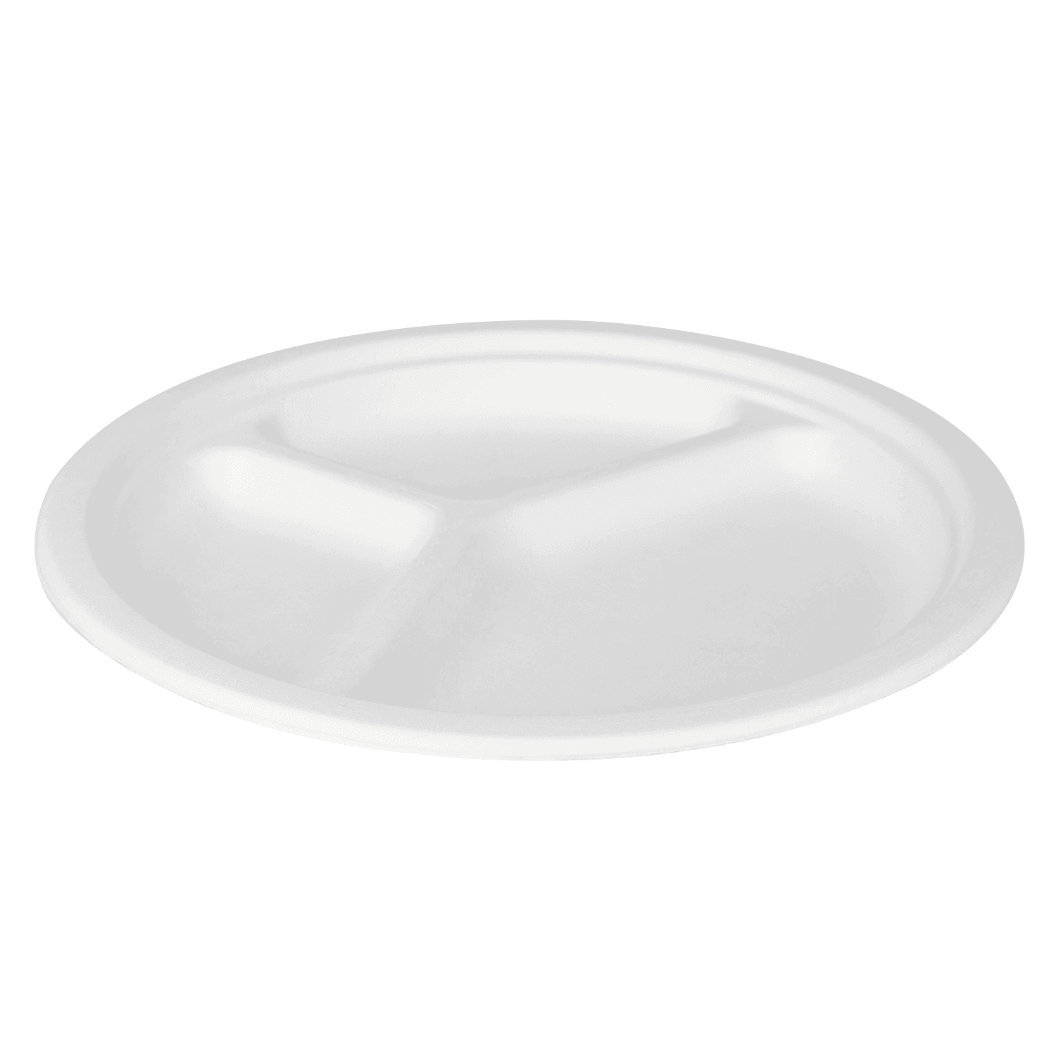 White Karat Earth 10'' PFAS Free Compostable Bagasse Round Plates with 3 Compartments top view