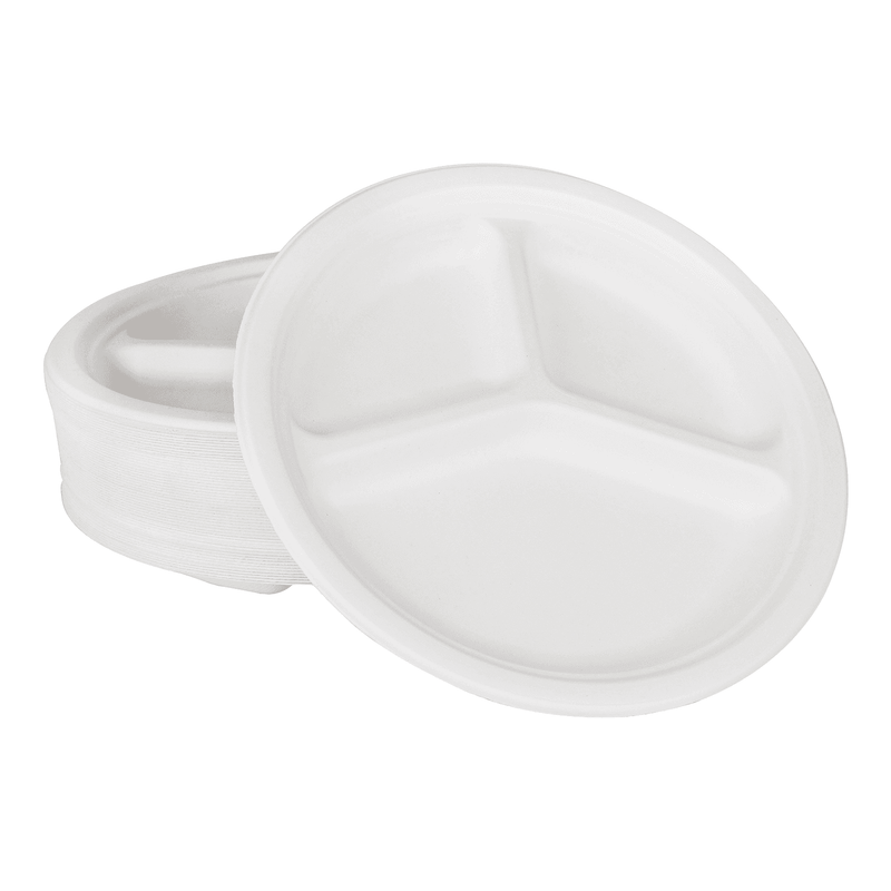 White Karat Earth 10'' PFAS Free Compostable Bagasse Round Plates with 3 Compartments stacked