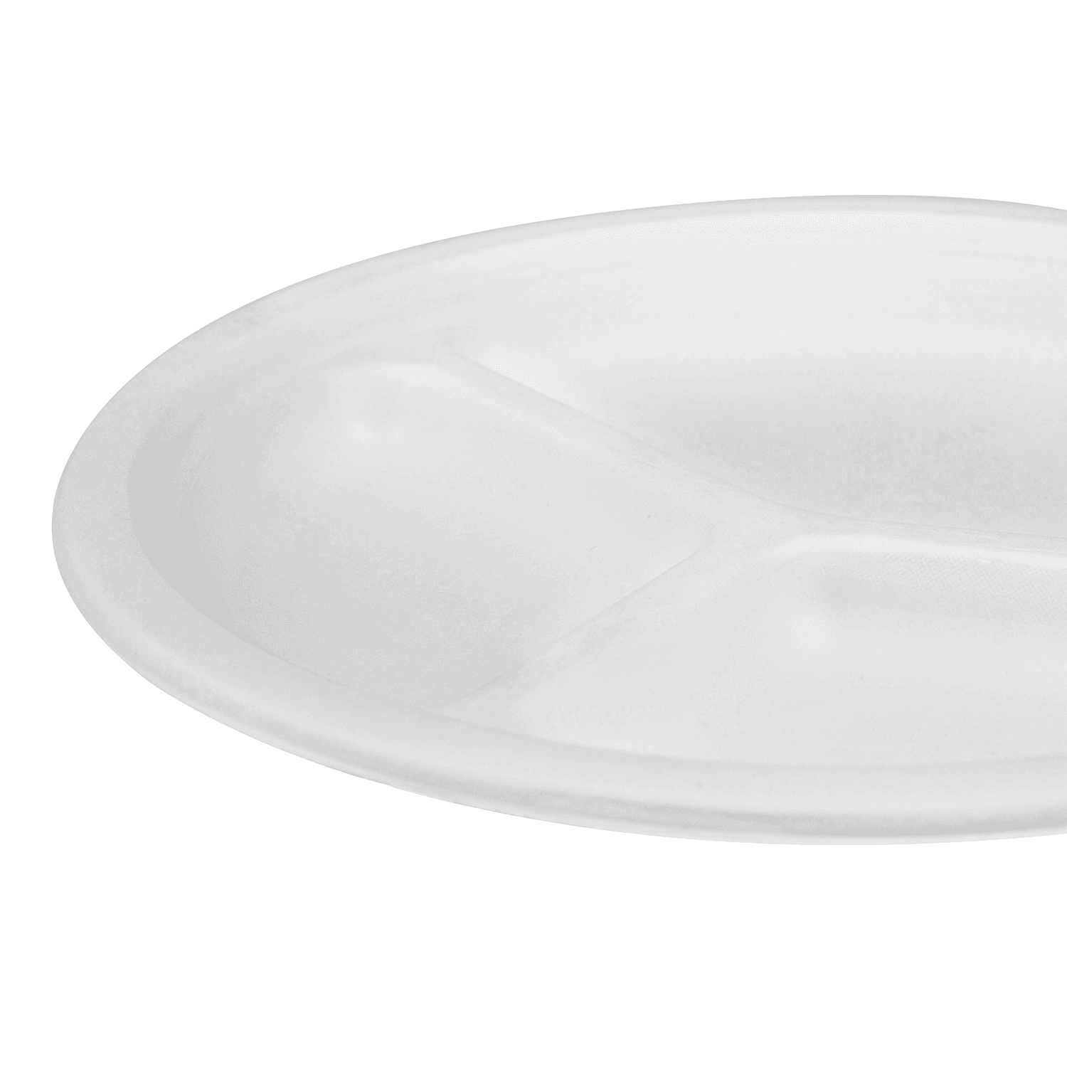 White Karat Earth 10'' PFAS Free Compostable Bagasse Round Plates with 3 Compartments close up 
