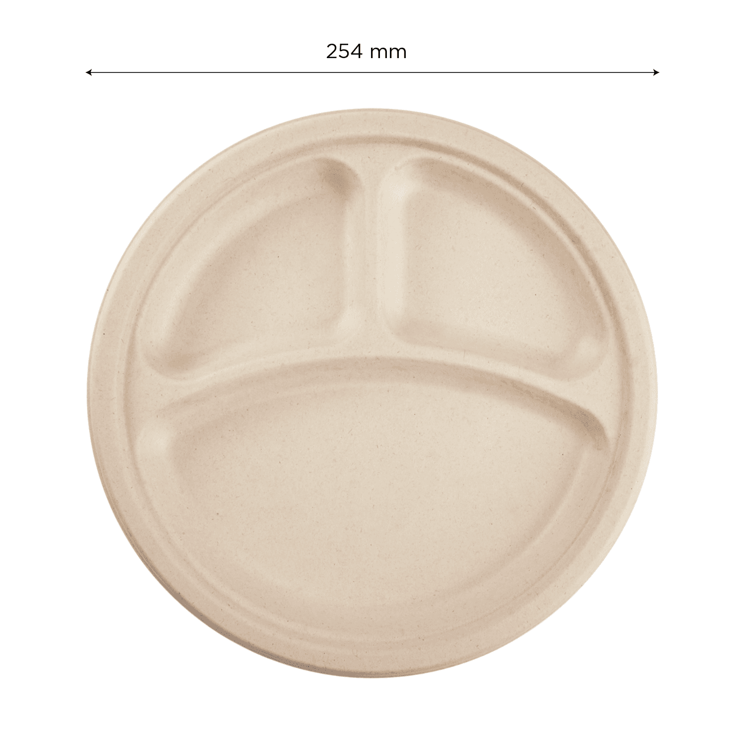 Natural Karat Earth 10'' PFAS Free Compostable Bagasse Round Plates with 3 Compartments with dimensions