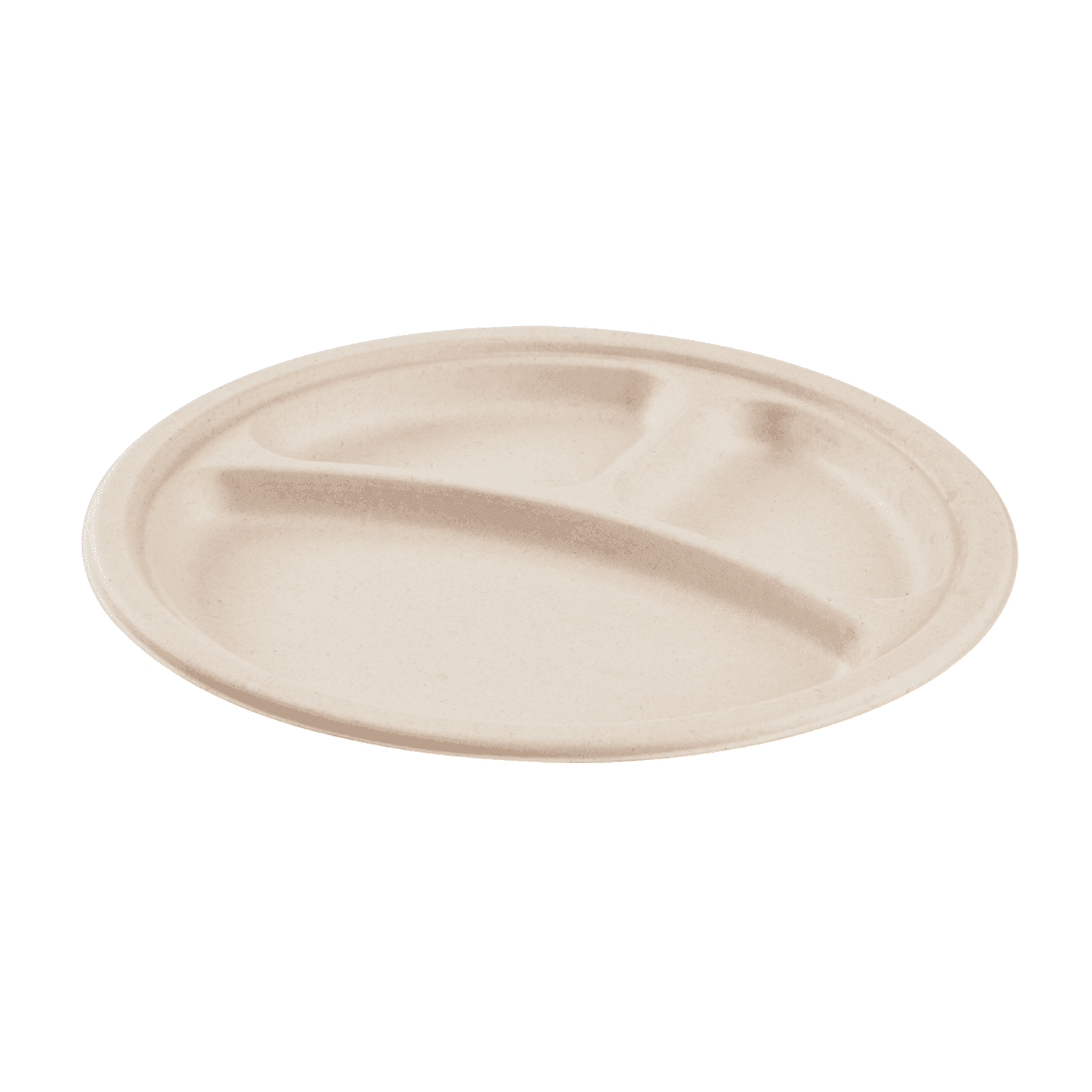 Natural Karat Earth 10'' PFAS Free Compostable Bagasse Round Plates with 3 Compartments top view