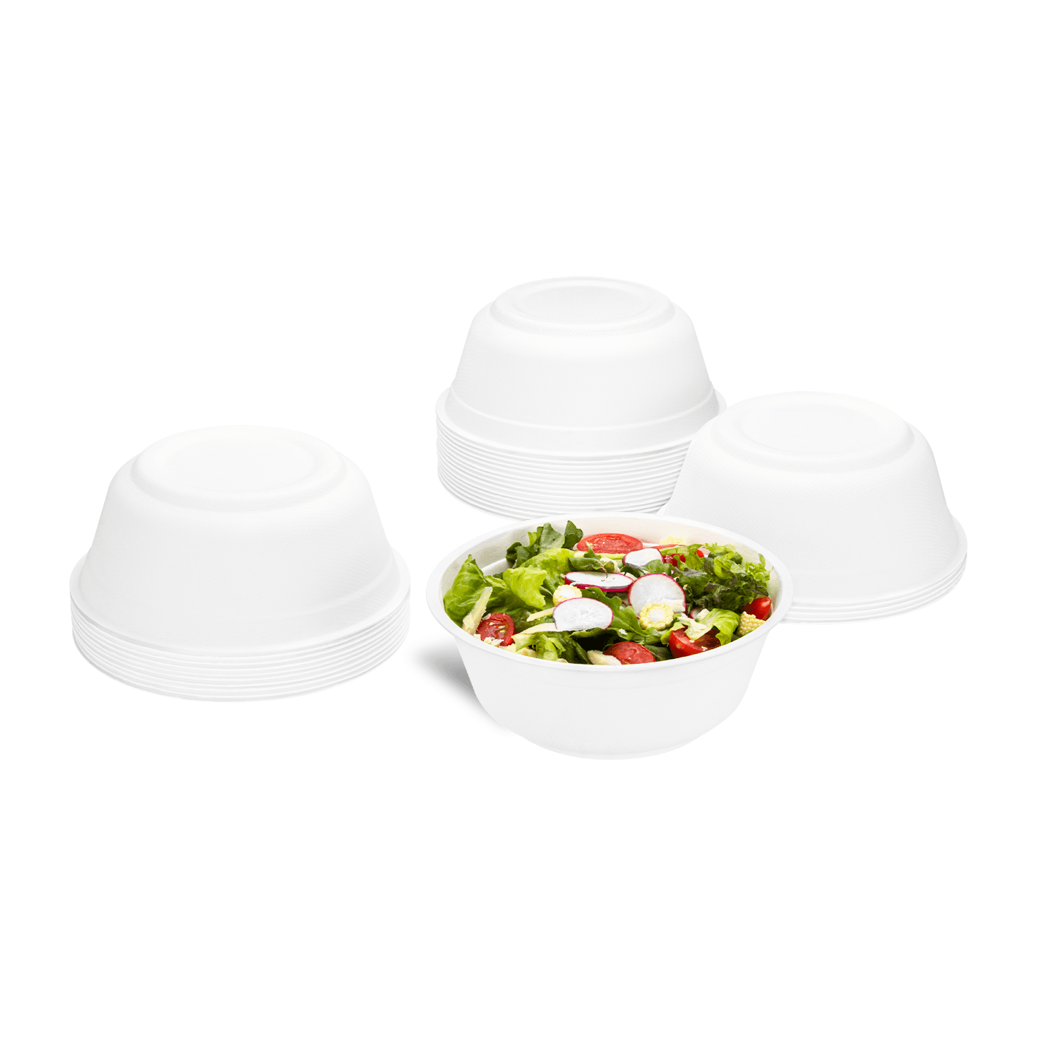 Karat Earth 32oz PFAS Free Bagasse Eco-Friendly Rice Bowls stacked and one with salad