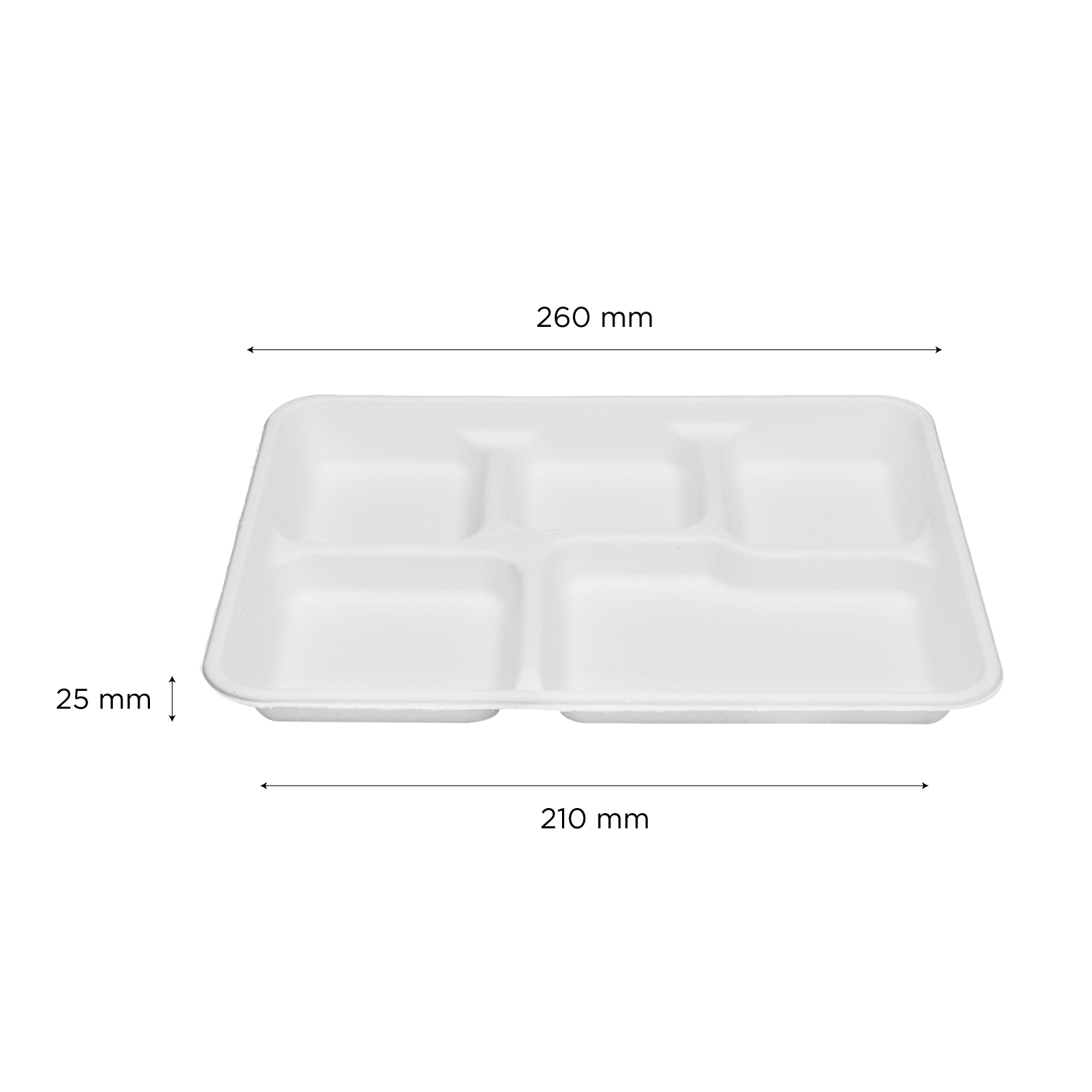 White Karat Earth 10''x8'' PFAS Free Eco-Friendly Bagasse Tray with 5 Compartments with dimensions