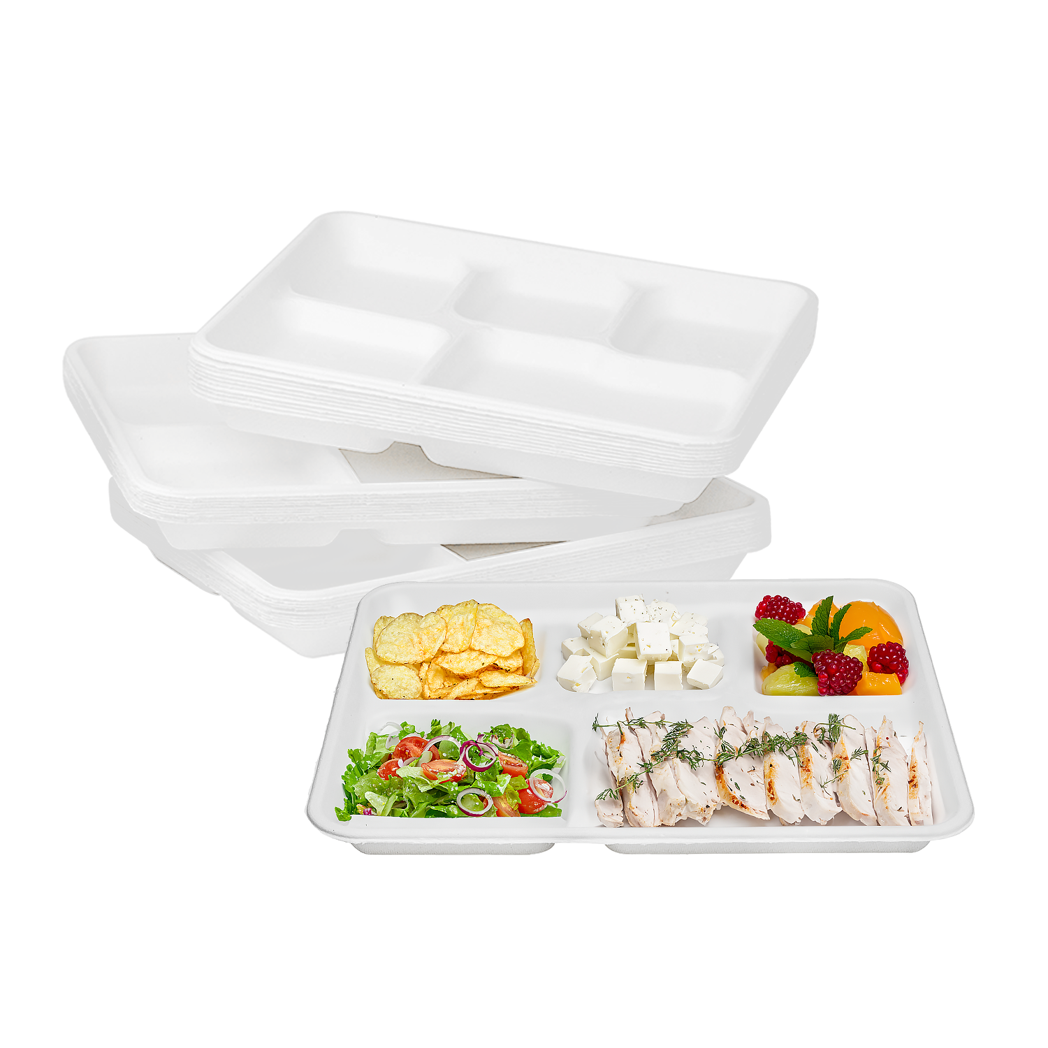 White Karat Earth 10''x8'' PFAS Free Eco-Friendly Bagasse Tray with 5 Compartments stacked and one filled with 5 different foods