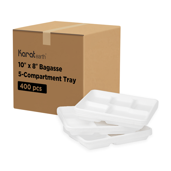 White Karat Earth 10''x8'' PFAS Free Eco-Friendly Bagasse Tray with 5 Compartments stacked next to packaging
