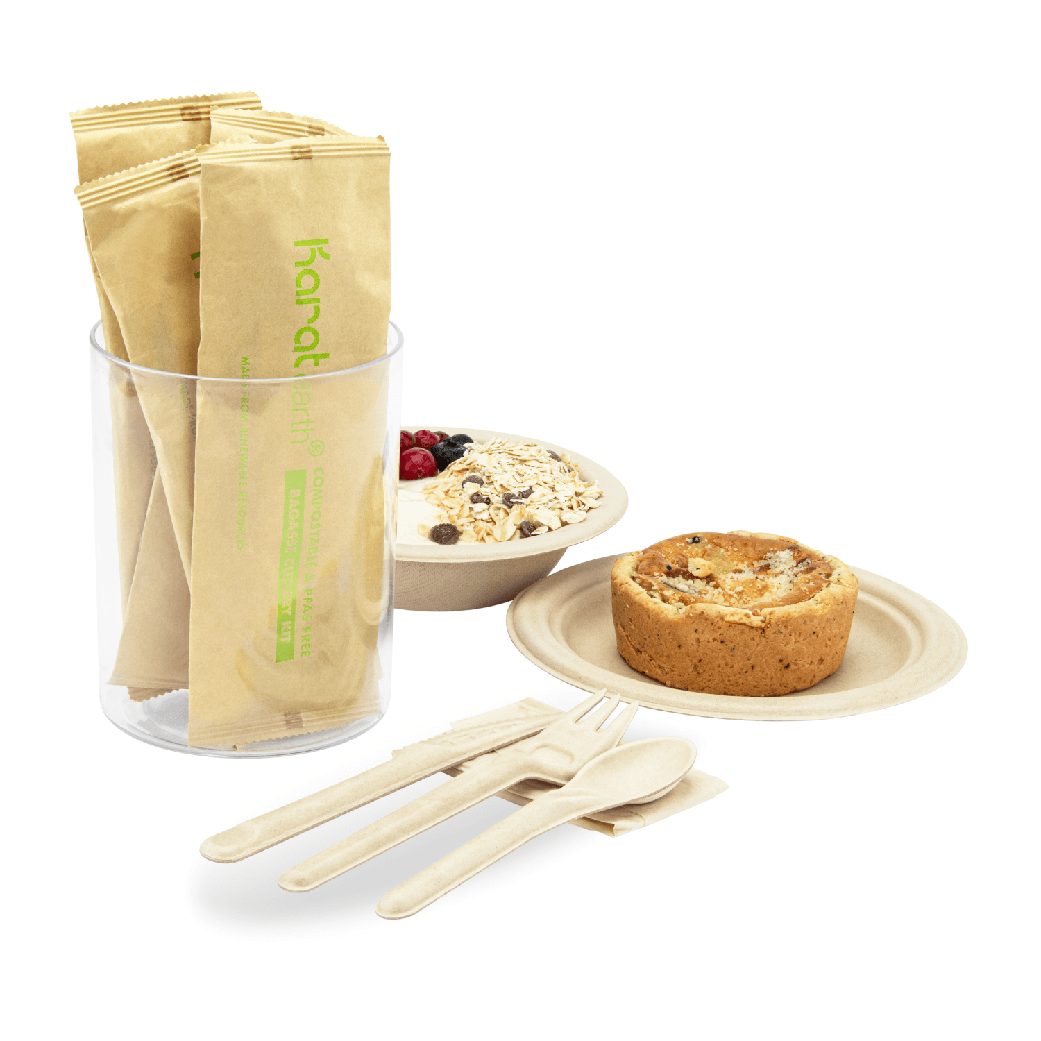 Karat Earth PFAS Free Bagasse Cutlery Kits (Knife, Fork, Soup Spoon, 2-ply Napkin), Paper Wrapped - 250 sets