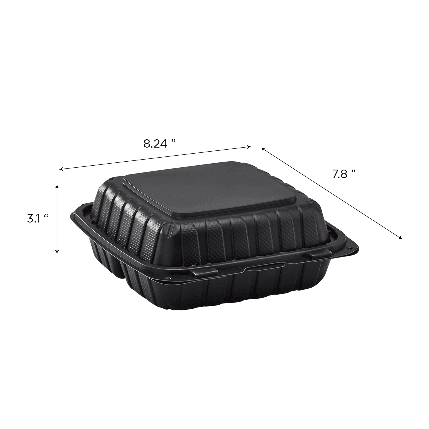 Karat Earth 8" x 8" Mineral Filled PP Hinged Container, Black, 3 compartments - 200 pcs