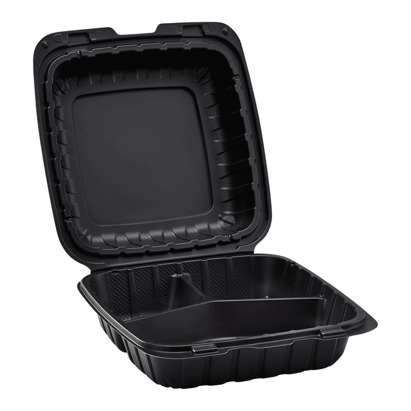 Karat Earth 8" x 8" Mineral Filled PP Hinged Container, Black, 3 compartments - 200 pcs