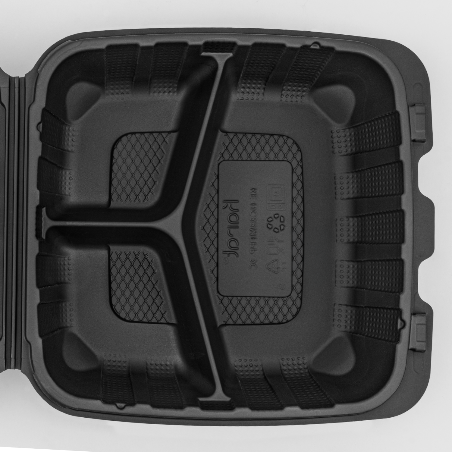 Karat Earth 8" x 8" Mineral Filled PP Hinged Container, Black, 3 compartments - 200 pcs