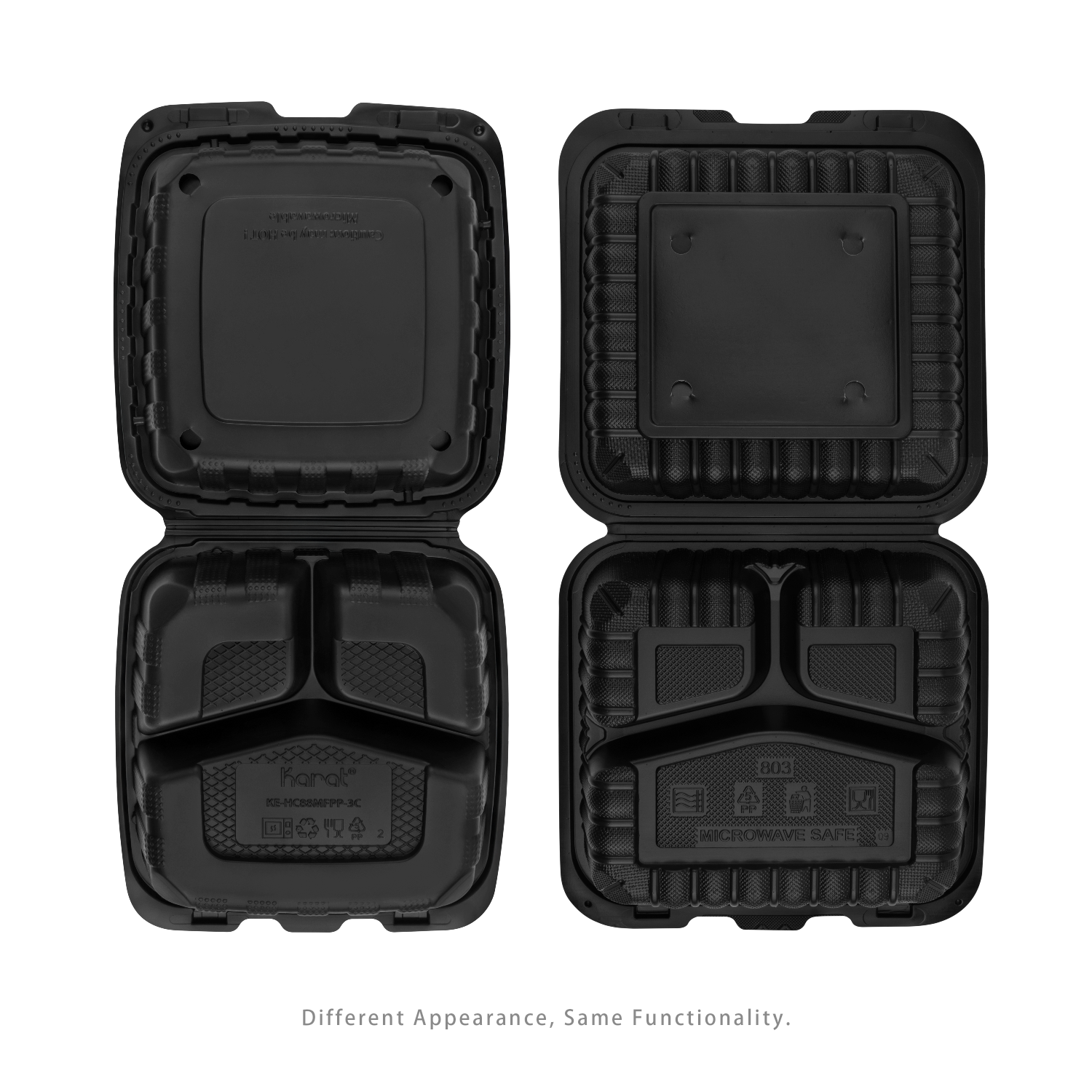 Karat Earth 8" x 8" Mineral Filled PP Hinged Container, Black, 3 compartments - 200 pcs