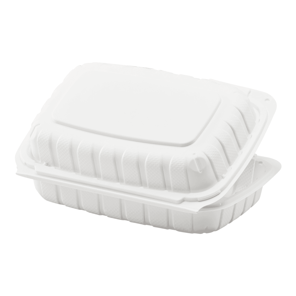 Medium White Takeout Boxes - 9x6 Mineral Filled Hinged Containers