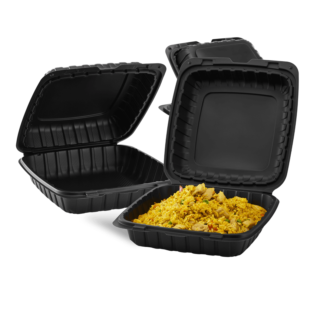 Thermo Tek 30 oz Black Mineral-Filled Plastic Clamshell Container - 9 x 6  x 3 - 100 count box