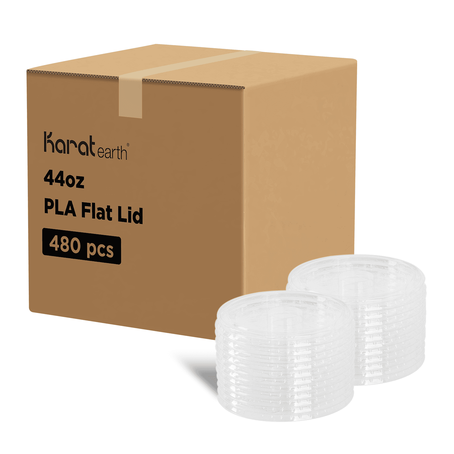 Karat Earth PLA Flat Lids for 44oz Paper Cold Cups stacked beside brown box
