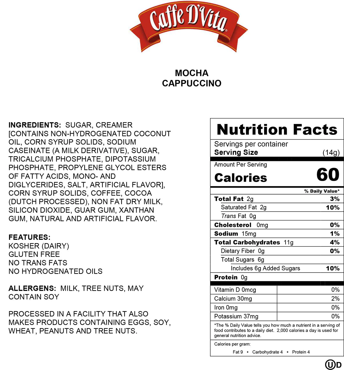 Caffe D Vita Cappuccino, Premium Instant, Sugar Free, Mocha 8.5 oz Caffe D Vita Cappuccino, Premium Instant, Sugar Free, Mocha 8.5 oz