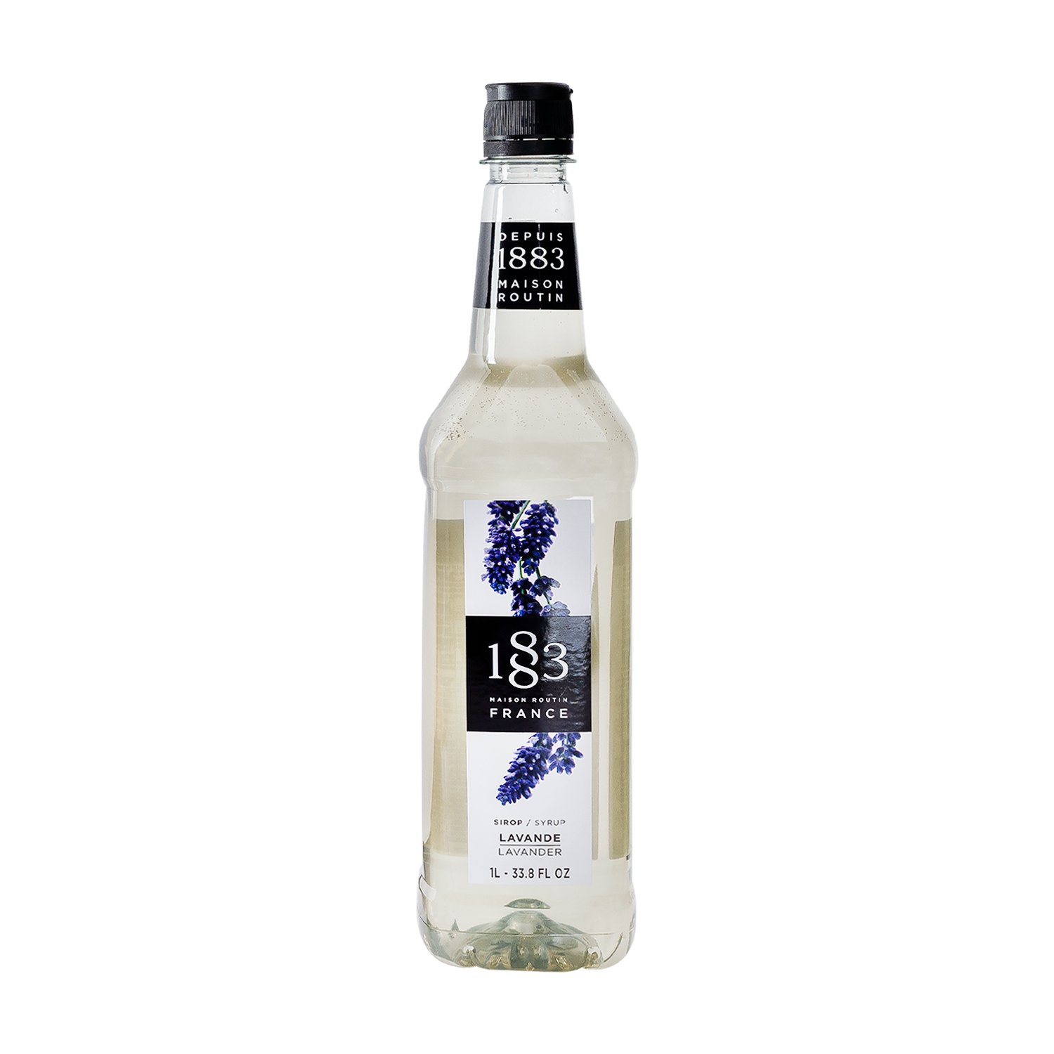 1883 Maison Routin Lavender syrup in a clear 1 Liter bottle.
