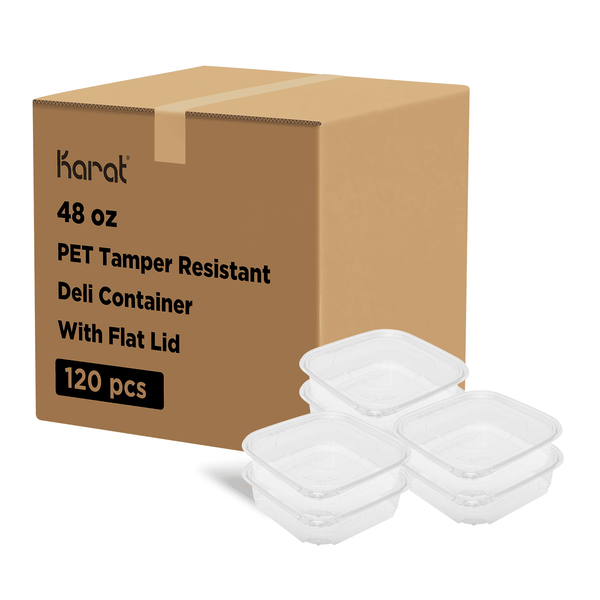 Karat 48 oz PET Tamper Resistant Deli Container with Flat Lid stacked next to packaging