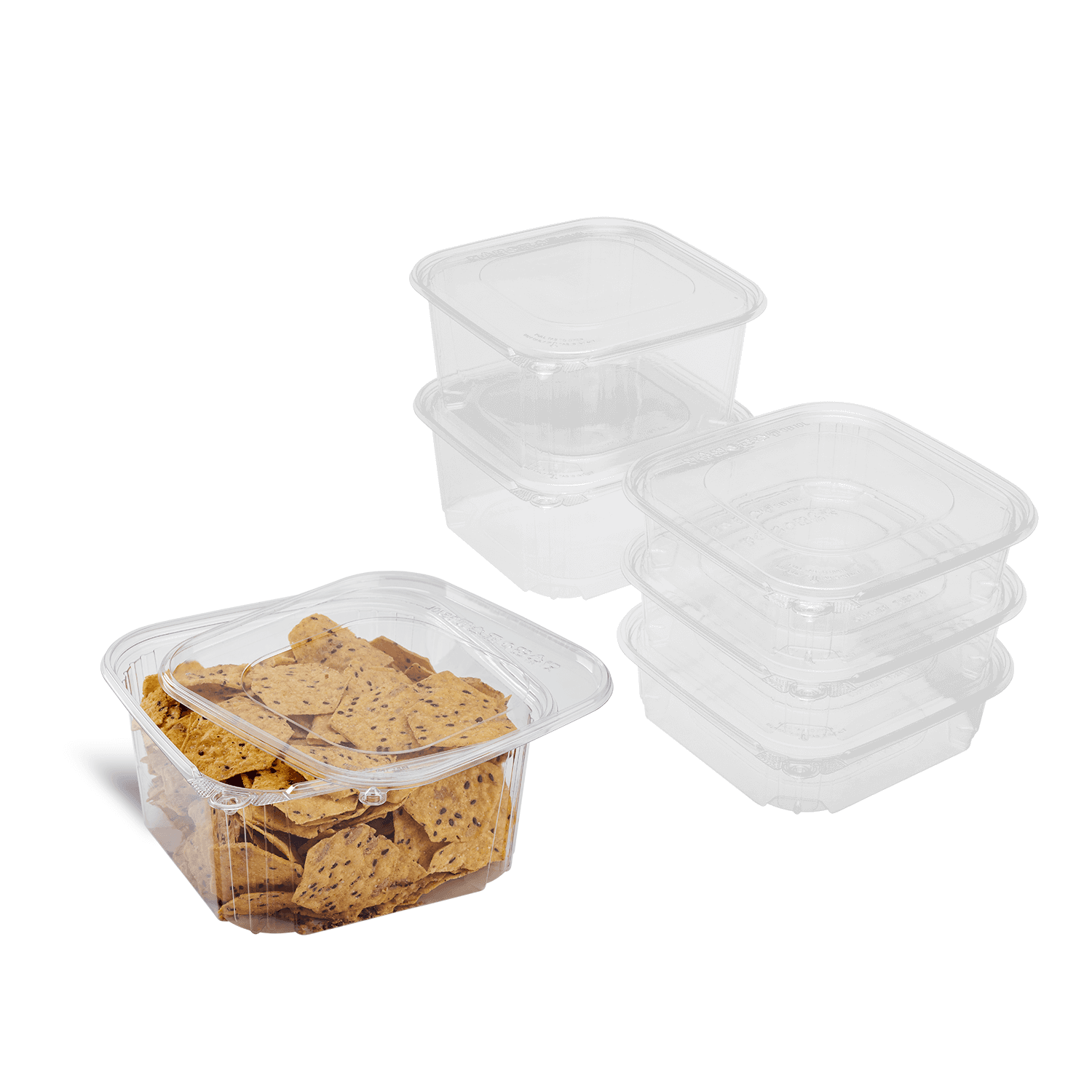 Clear Karat 64 oz PET Tamper Resistant Deli Container with Flat Lid  stacked  with crackers
