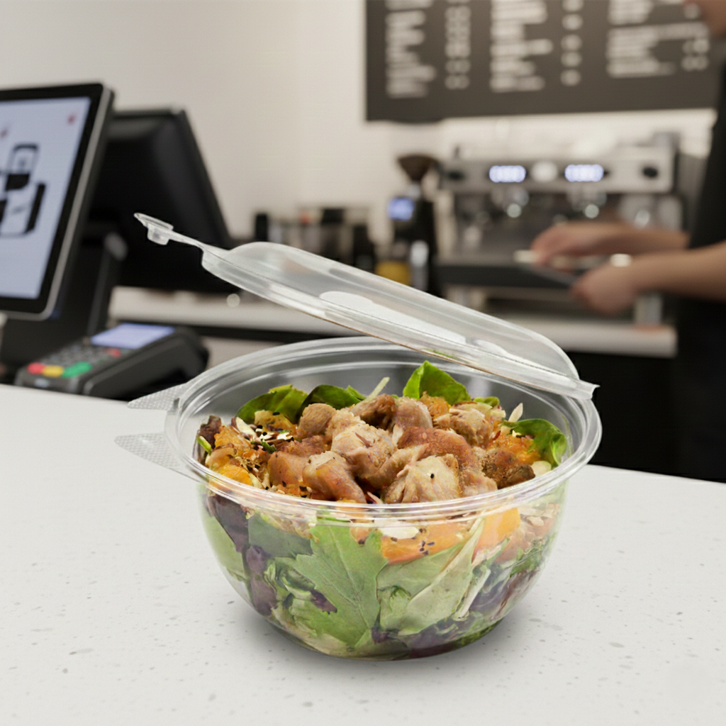 [240 sets] 32 oz Disposable Tamper Resistant Hinged Salad Bowls | PET