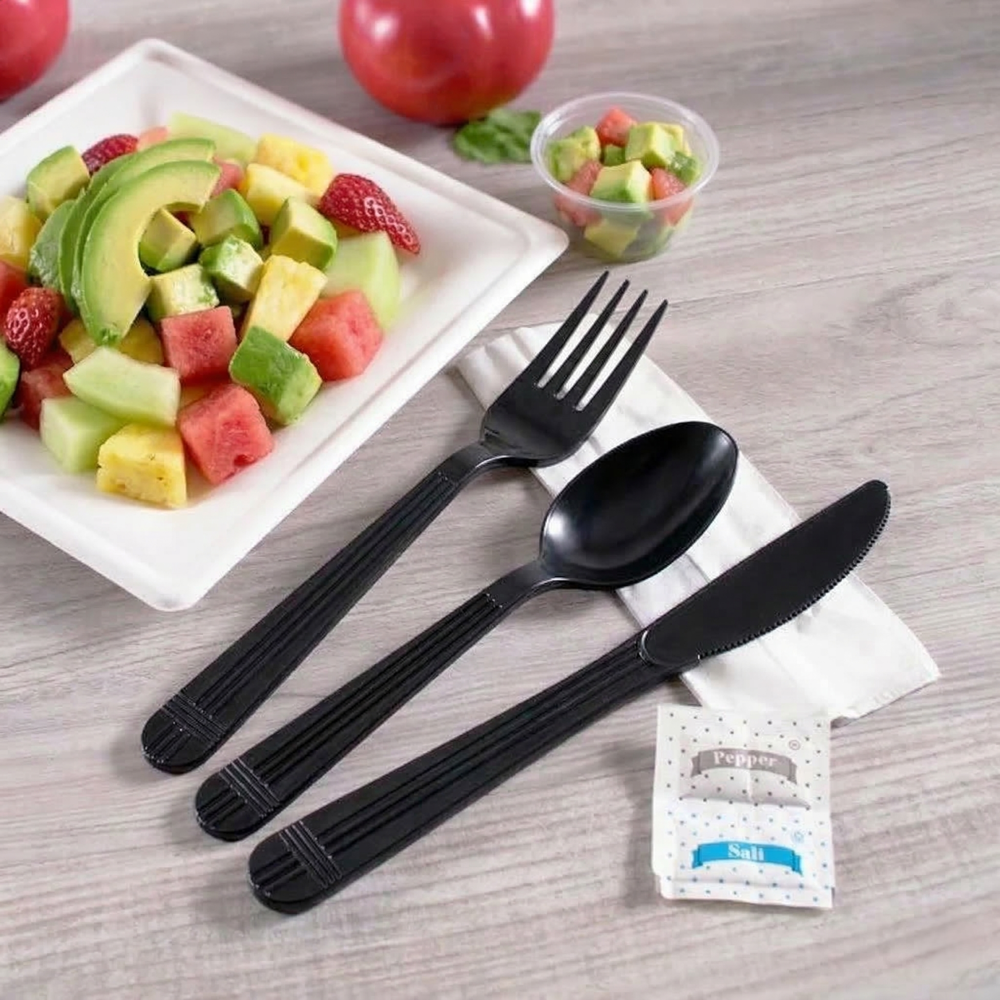 [250 sets] PP Plastic Heavy Weight Cutlery Kits with Salt and Pepper (Black)