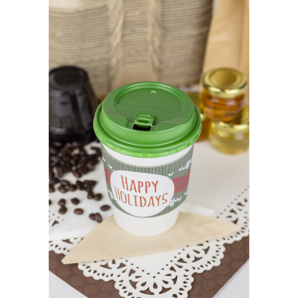 White Karat 12oz Paper Hot Cup with lid and cup sleeve