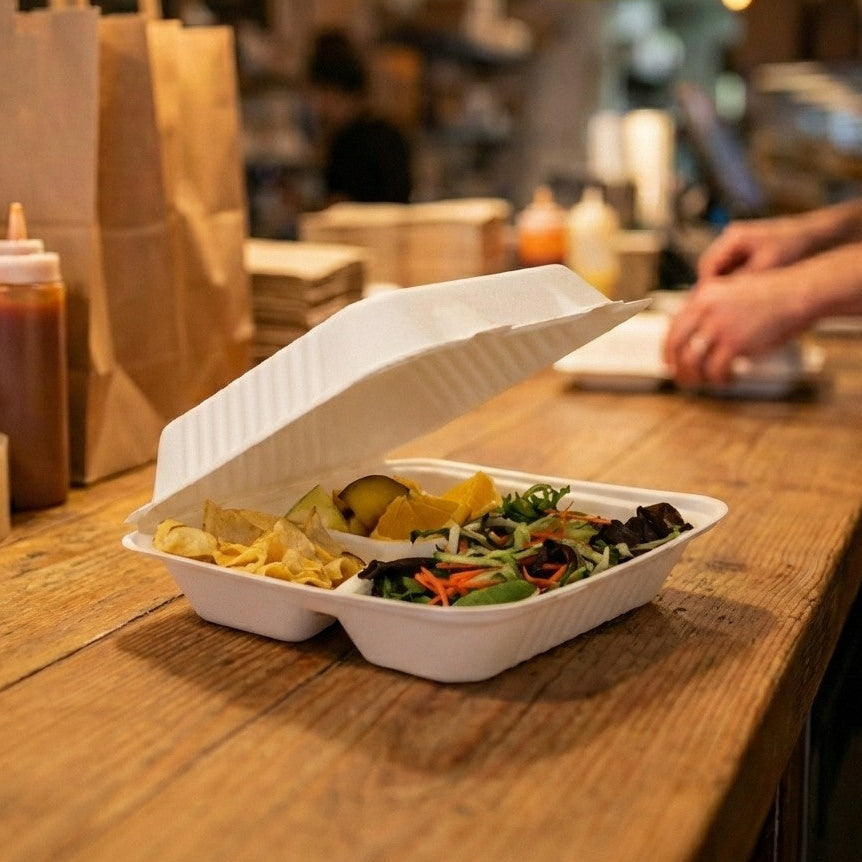 Karat Earth 3 Compartments, 9''x9'' Molded Fiber Hinged Containers, PFAS Free, White - 200 pcs