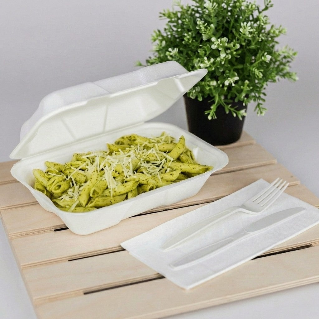 Karat Earth 9''x6'' Molded Fiber Hinged Containers, PFAS Free, White - 200 pcs