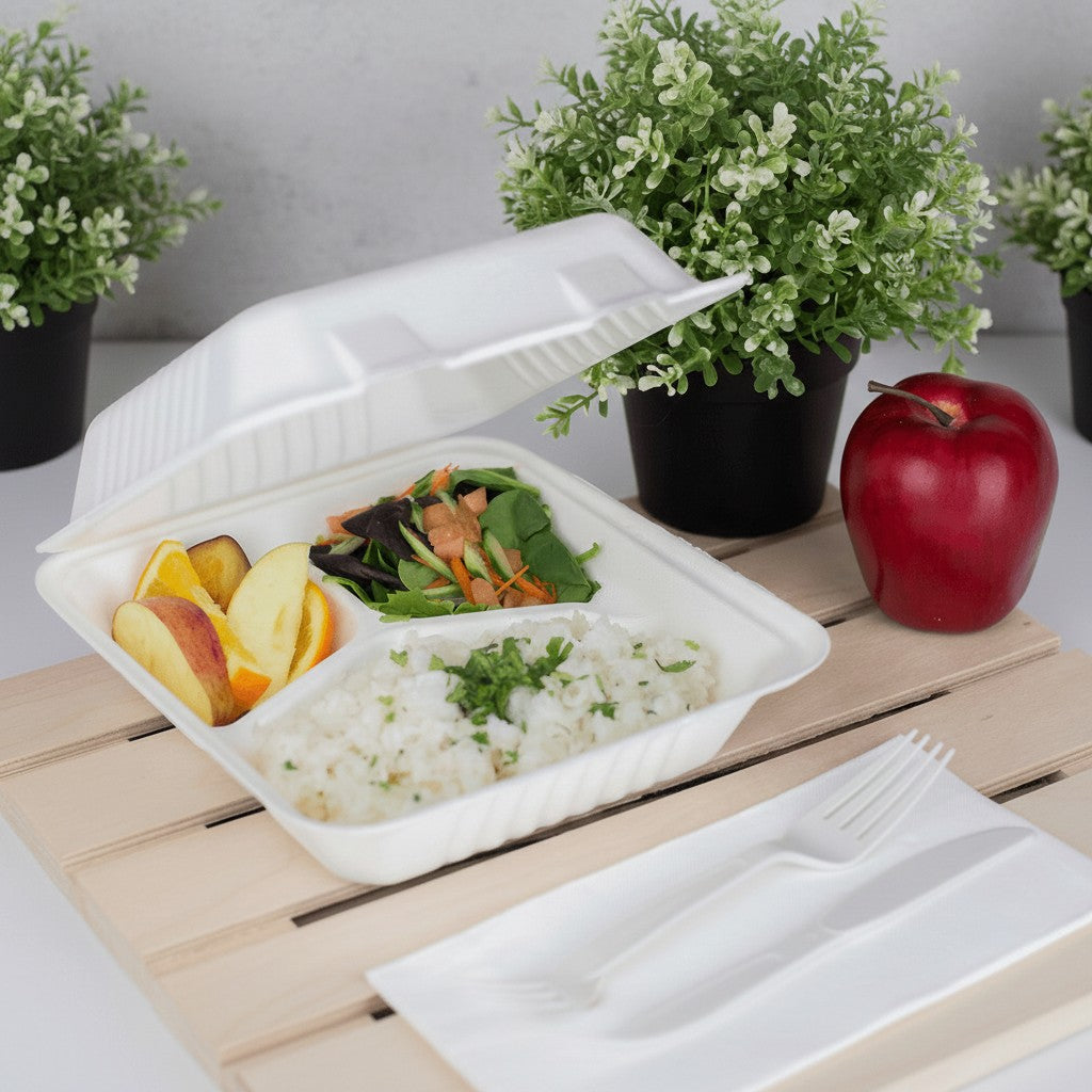 Karat Earth 3 Compartments, 8''x8'' Molded Fiber Hinged Containers, PFAS Free, White - 200 pcs