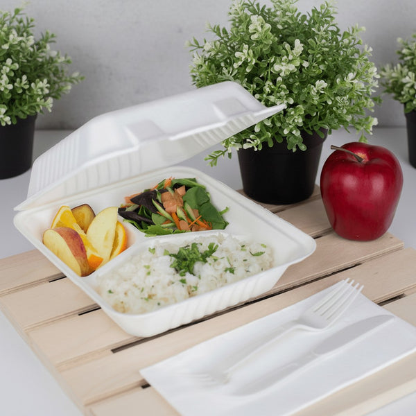 キャタリティック コンバスター　3個セット Karat Earth 3 Compartments, 8''x8'' Molded Fiber Hinged Containers