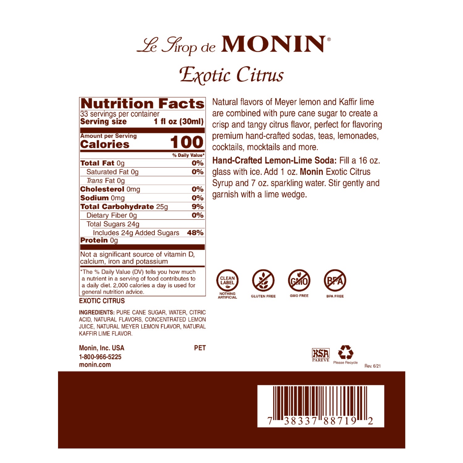 Monin Exotic Citrus Syrup nutrition facts and ingredients label