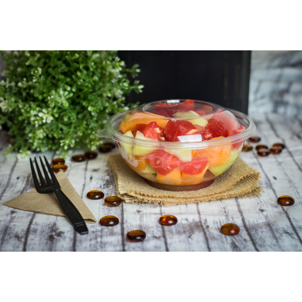 Clear Karat 24 oz PET Plastic Salad Bowl with fruit