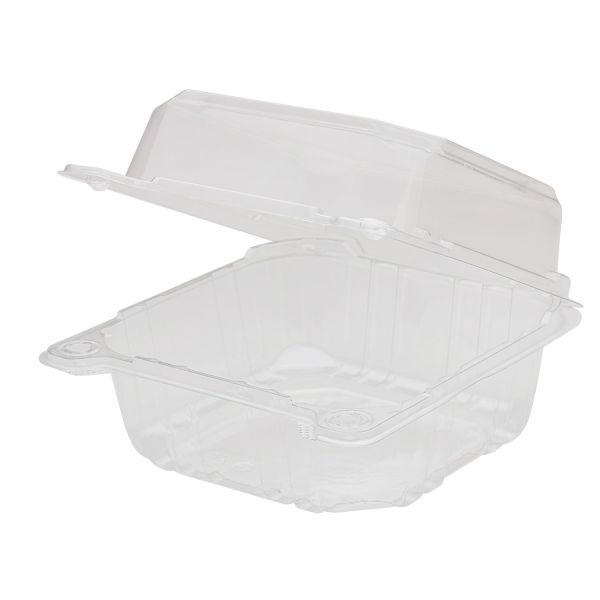 Clear Karat 6''x6'' PET Plastic Hinged Containers side view and open