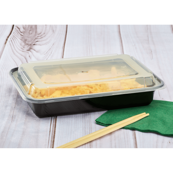 Black and Clear Karat 28 oz PP Plastic Microwavable Rectangular Food Containers & Lids with food and chopsticks